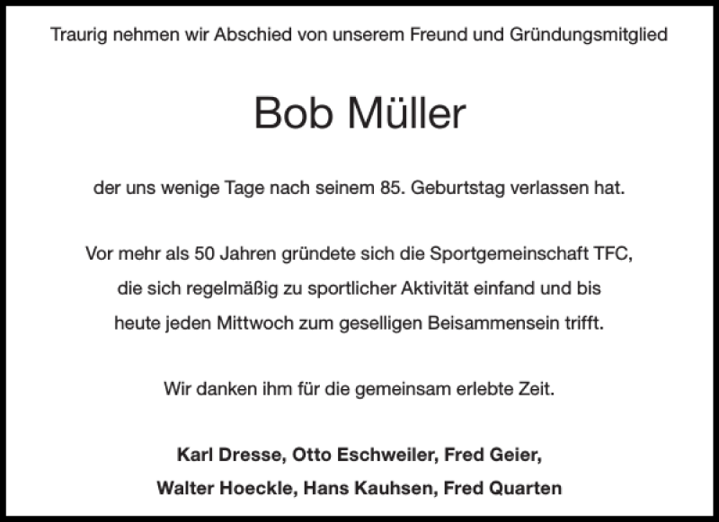  Traueranzeige für Bob Müller vom 07.04.2020 aus Aachener Zeitung / Aachener Nachrichten