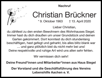 Traueranzeige von Christian Brückner von Aachener Zeitung / Aachener Nachrichten