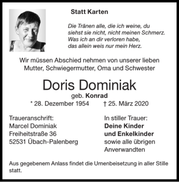 Traueranzeige von Doris Dominiak von Super Sonntag / Super Mittwoch