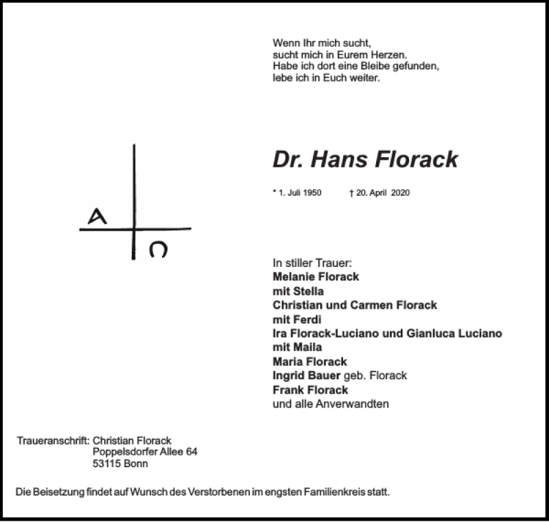  Traueranzeige für Dr. Hans Florack vom 25.04.2020 aus Aachener Zeitung / Aachener Nachrichten