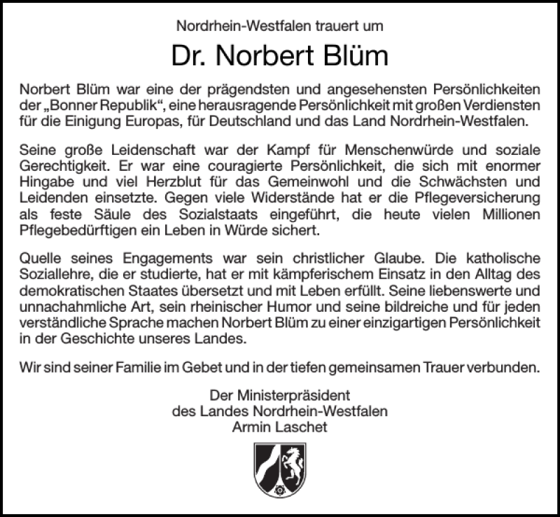 Traueranzeige für Dr. Norbert Blüm vom 29.04.2020 aus Aachener Zeitung / Aachener Nachrichten