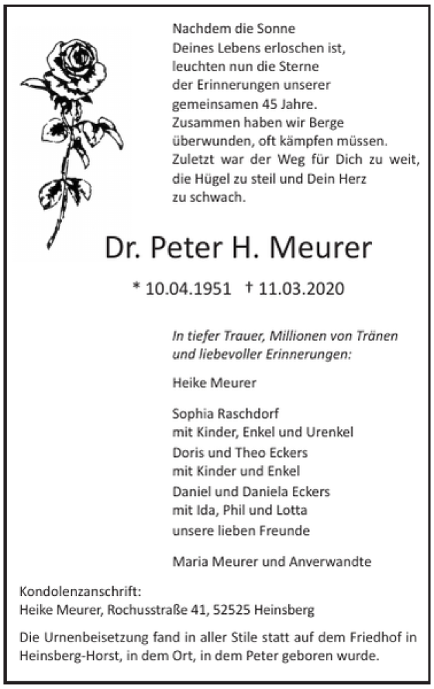  Traueranzeige für Dr. Peter H. Meurer vom 12.04.2020 aus Super Sonntag / Super Mittwoch