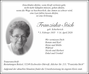 Traueranzeige von Franziska Stich von Super Sonntag / Super Mittwoch