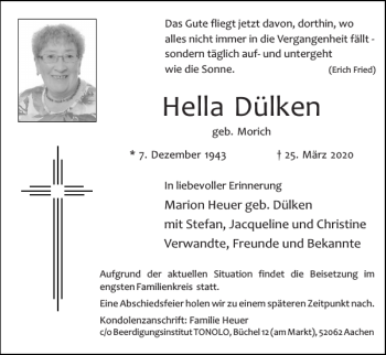 Traueranzeige von Hella Dülken von Super Sonntag / Super Mittwoch