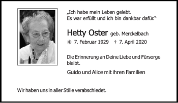 Traueranzeige von Hett Hetty Oster y Oster von Aachener Zeitung / Aachener Nachrichten