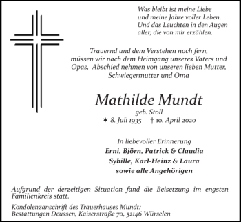 Traueranzeige von Mathilde Mundt von Super Sonntag / Super Mittwoch