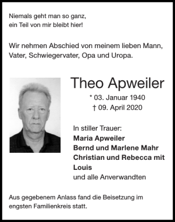 Traueranzeige von Theo Apweiler von Super Sonntag / Super Mittwoch