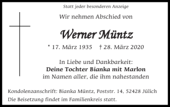 Traueranzeige von Werner Müntz von Super Sonntag / Super Mittwoch