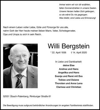 Traueranzeige von Willi Bergstein von Super Sonntag / Super Mittwoch
