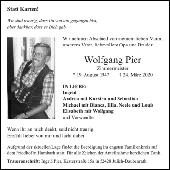 Traueranzeige von Wolfgang Pier von Super Sonntag / Super Mittwoch