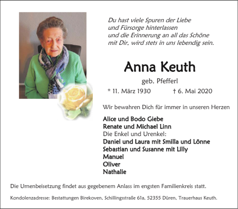  Traueranzeige für Anna Keuth vom 17.05.2020 aus Super Sonntag / Super Mittwoch