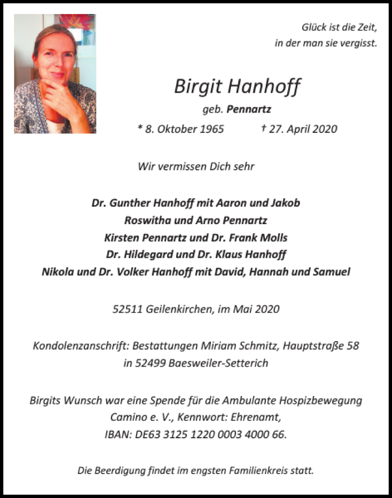  Traueranzeige für Birgit Hanhoff vom 02.05.2020 aus Aachener Zeitung / Aachener Nachrichten