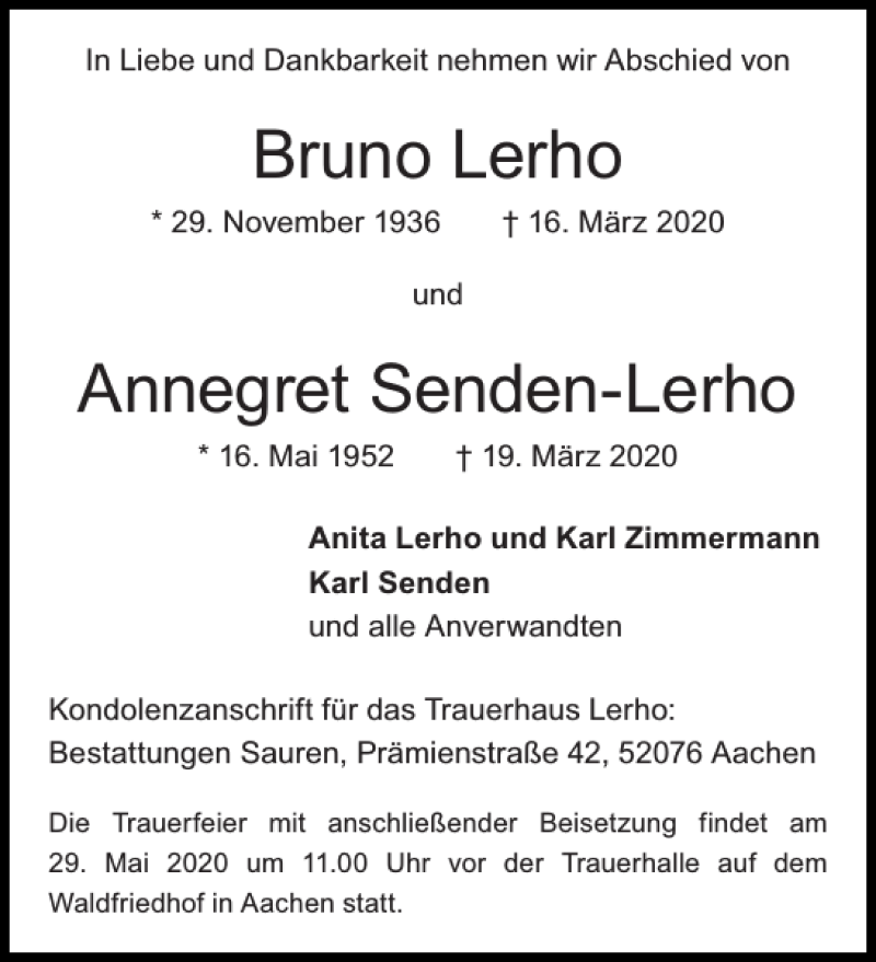  Traueranzeige für Bruno Lerho Annegret Senden-Lerho vom 16.05.2020 aus Aachener Zeitung / Aachener Nachrichten