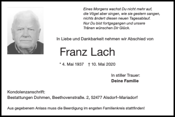Traueranzeigen von Franz Lach Aachen gedenkt
