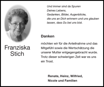 Traueranzeige von Franziska Stich von Super Sonntag / Super Mittwoch