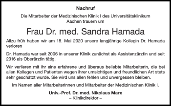 Traueranzeige von Frau Dr. med. Sandra Hamada von Aachener Zeitung / Aachener Nachrichten