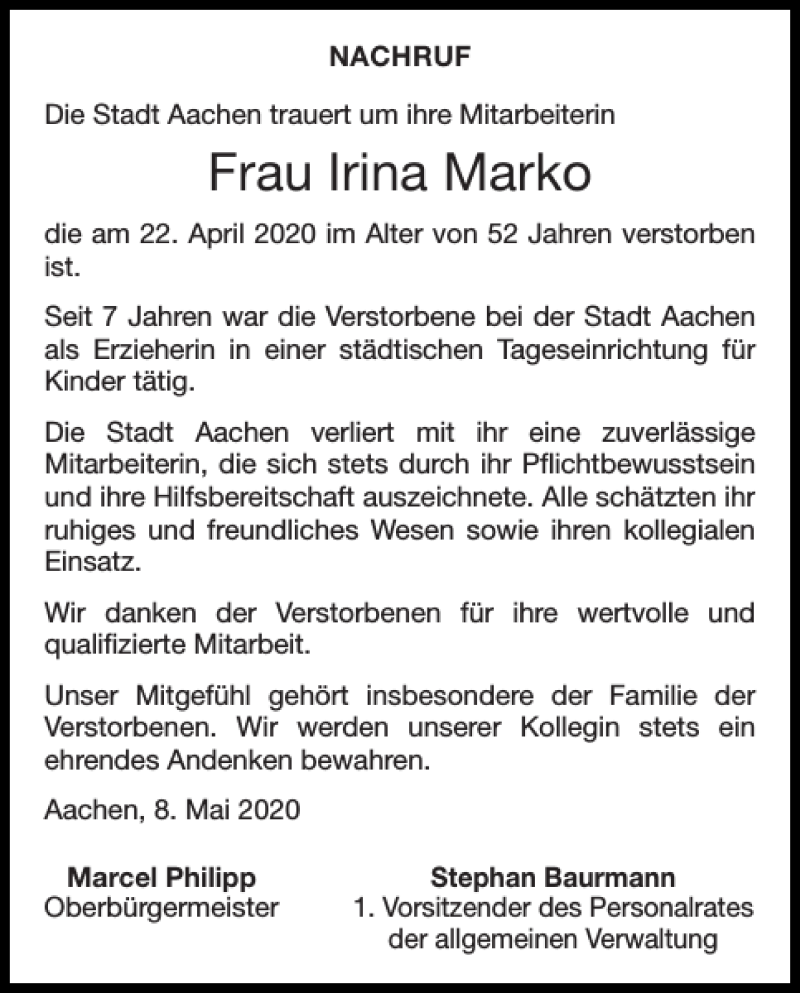  Traueranzeige für Irina Marko vom 16.05.2020 aus Aachener Zeitung / Aachener Nachrichten
