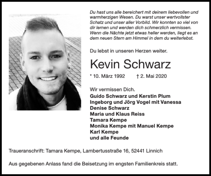  Traueranzeige für Kevin Schwarz vom 17.05.2020 aus Super Sonntag / Super Mittwoch