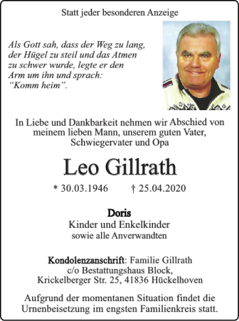 Traueranzeige von Leo Gillrath von Super Sonntag / Super Mittwoch