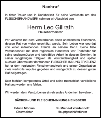 Traueranzeige von Leo Gillrath von Super Sonntag / Super Mittwoch