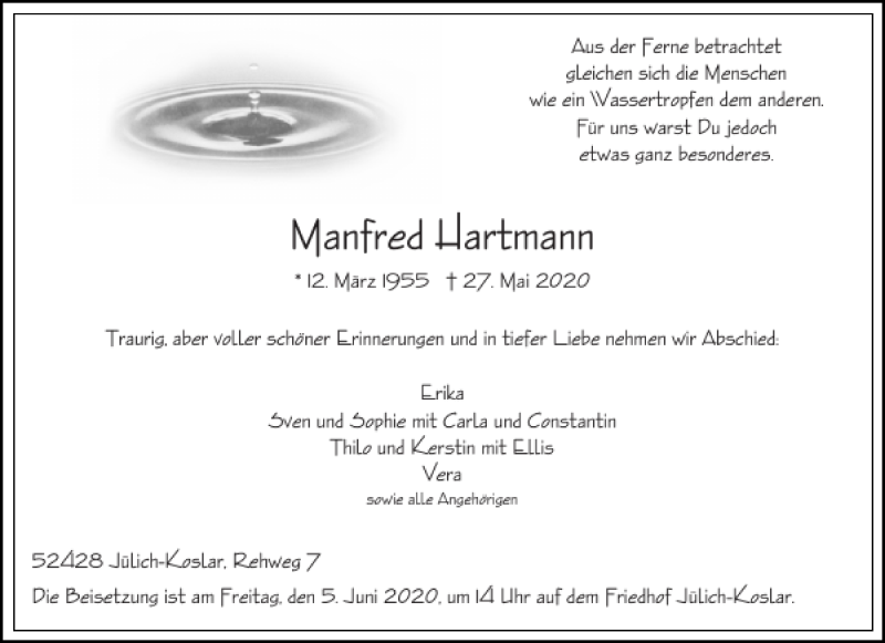  Traueranzeige für Manfred Hartmann vom 30.05.2020 aus Aachener Zeitung / Aachener Nachrichten