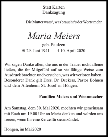 Traueranzeige von Maria Meiers von Super Sonntag / Super Mittwoch