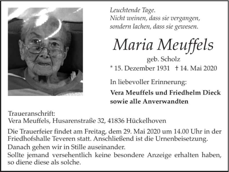  Traueranzeige für Maria Meuffels vom 24.05.2020 aus Super Sonntag / Super Mittwoch
