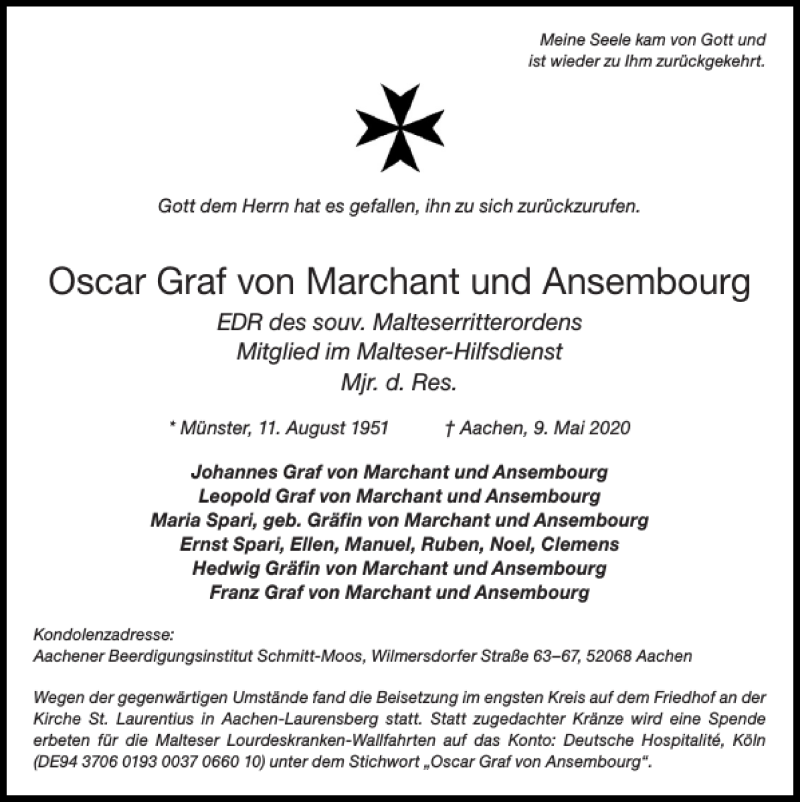  Traueranzeige für Oscar Graf von Marchant und Ansembourg  vom 17.05.2020 aus Super Sonntag / Super Mittwoch