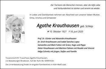 Traueranzeige von Agathe Krauthausen von Aachener Zeitung / Aachener Nachrichten