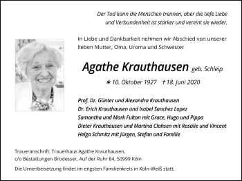 Traueranzeige von Agathe Krauthausen von Zeitung am Sonntag