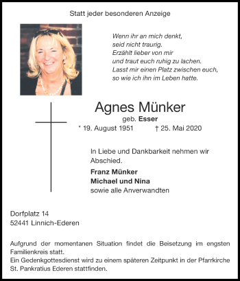 Traueranzeige von Agnes Münker von Zeitung am Sonntag
