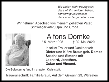 Traueranzeige von Alfons Domke von Zeitung am Sonntag