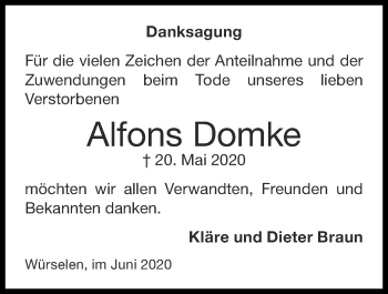 Traueranzeige von Alfons Domke von Zeitung am Sonntag