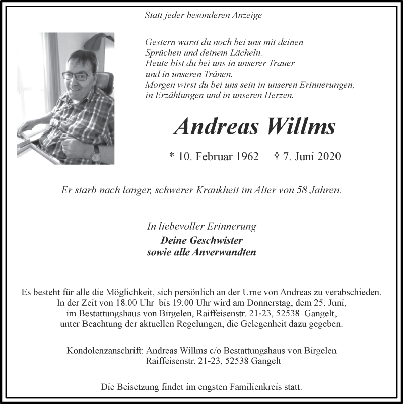  Traueranzeige für Andreas Willms vom 21.06.2020 aus Zeitung am Sonntag