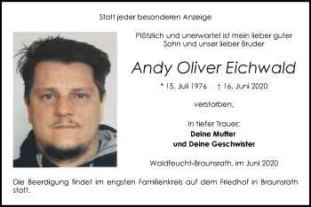 Traueranzeige von Andy Oliver Eichwald von Zeitung am Sonntag