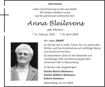 Traueranzeige von Anna Bleilevens von Zeitung am Sonntag
