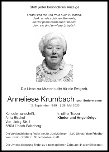 Traueranzeige von Anneliese Krumbach von Zeitung am Sonntag