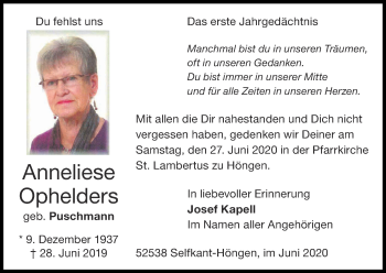 Traueranzeige von Anneliese Ophelders von Zeitung am Sonntag