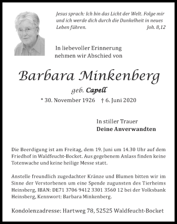 Traueranzeige von Barbara Minkenberg von Zeitung am Sonntag