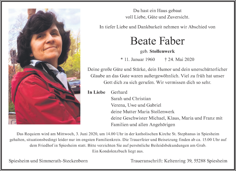  Traueranzeige für Beate Faber vom 30.05.2020 aus Aachener Zeitung / Aachener Nachrichten