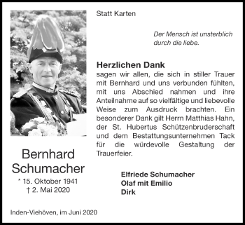 Traueranzeige von Bernhard Schumacher von Zeitung am Sonntag