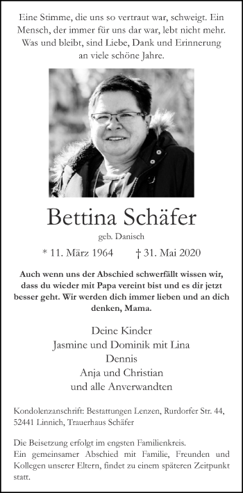 Traueranzeige von Bettina Schäfer von Zeitung am Sonntag