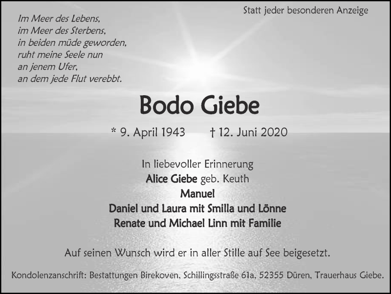  Traueranzeige für Bodo Giebe vom 21.06.2020 aus Zeitung am Sonntag