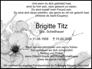 Traueranzeige von Brigitte Titz von Super Sonntag / Super Mittwoch
