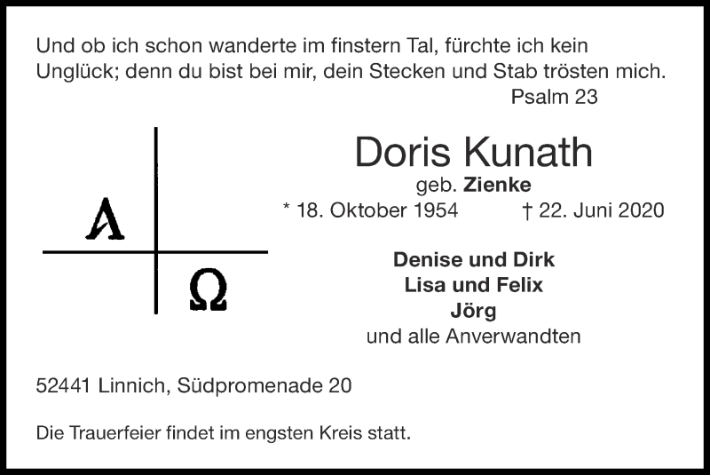  Traueranzeige für Doris Kunath vom 28.06.2020 aus Zeitung am Sonntag