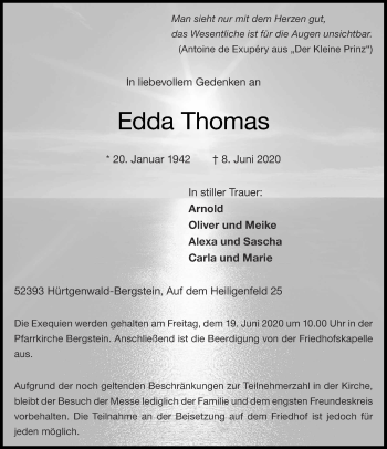 Traueranzeige von Edda Thomas von Aachener Zeitung / Aachener Nachrichten