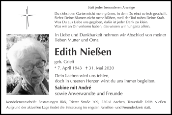 Traueranzeige von Edith Nießen von Zeitung am Sonntag