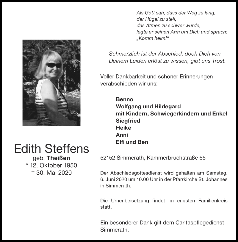 Traueranzeigen von Edith Steffens | Aachen gedenkt