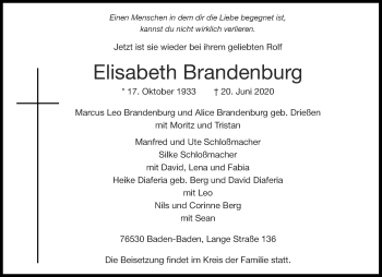 Traueranzeige von Elisabeth Brandenburg von Aachener Zeitung / Aachener Nachrichten