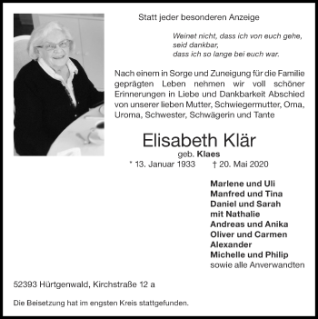 Traueranzeige von Elisabeth Klär von Zeitung am Sonntag